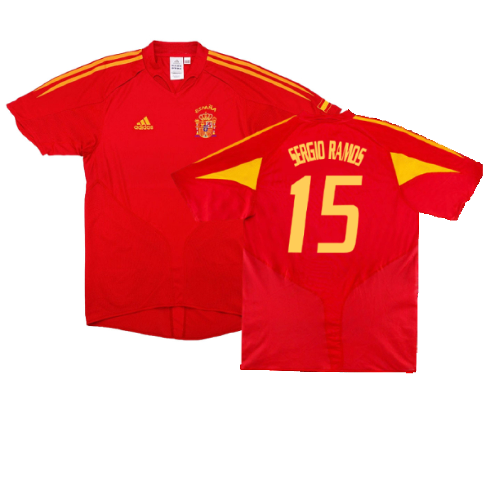 '04-'06 Spain Home Shirt (S) (Excellent) (Sergio Ramos 15) Polyester Made By: Adidas Men's Red Small