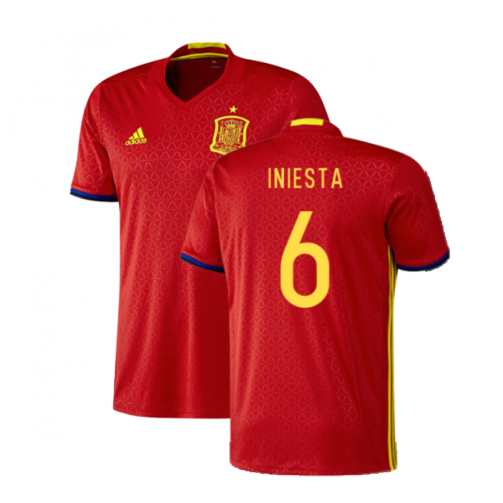 '16-'17 Spain Home Shirt ) (Excellent) (Iniesta 6) Polyester Made By: Adidas Men's Red Extra Small